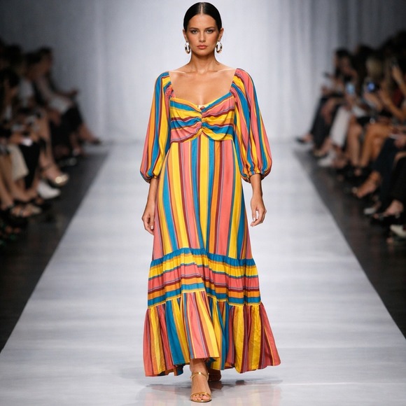 FARM Rio Dresses & Skirts - Farm Rio x Anthropologie Sz Small Maxi Dress Stripe Coastal Tropical Puff Sleeve